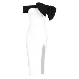 Off-shoulder Contrast Bow Midi Bodycon Dress