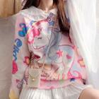 Cartoon Print Lace Collar Sweater Pink - One Size