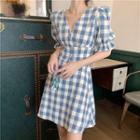 Puff-sleeved Checked A-line Dress