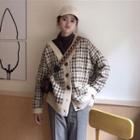 Houndstooth V-neck Cardigan Houndstooth - White & Coffee - One Size