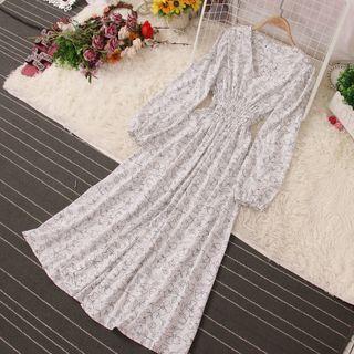 Balloon-sleeve Print Slit Midi A-line Dress