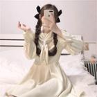 Long-sleeve Bow A-line Dress White - One Size