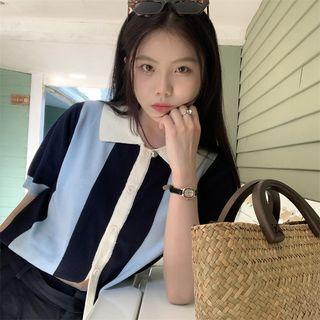 Elbow-sleeve Collar Color Block Knit Top