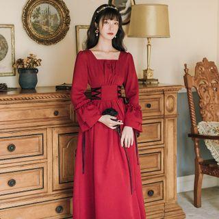 Flared-cuff Lace-up Midi A-line Dress
