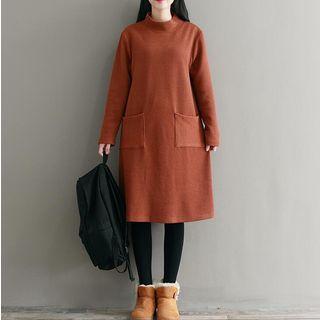 Plain Pocketed Mock Neck Long Sleeve Knit Dress
