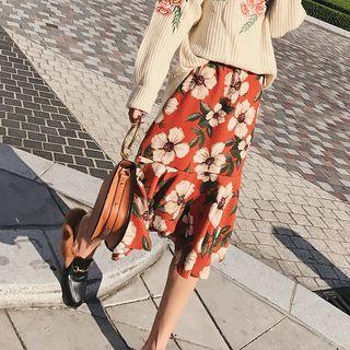 Floral Ruffle-hem Midi Skirt