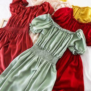 Plain Puff-sleeve Chiffon Midi Dress