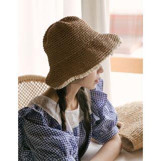 Lace-trim Straw Bucket Hat Dark Beige - One Size