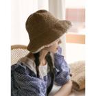 Lace-trim Straw Bucket Hat Dark Beige - One Size