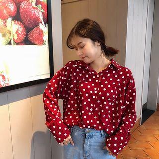 Dot Chiffon Long Sleeve Loose-fit Blouse