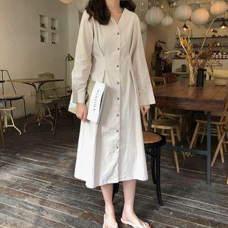 Plain Long-sleeve Midi A-line Dress As Shown In Figure - One Size