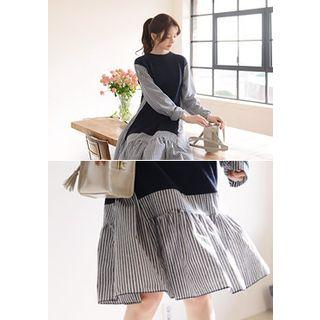 Ruffle-hem Mock Two-piece Striped Dress