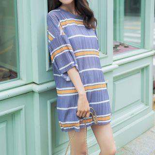 Elbow-sleeve Striped Long Top