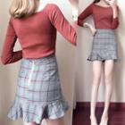 Set: Wrap Sweater + Plaid Ruffle Mini Pencil Skirt