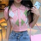 Short-sleeve Collar Argyle Cropped Cardigan Pink - One Size