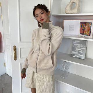 Stand-collar Knit Zip-up Jacket