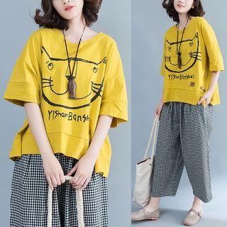 Elbow-sleeve Cat Print T-shirt Yellow - One Size