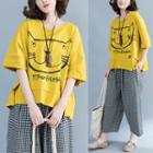 Elbow-sleeve Cat Print T-shirt Yellow - One Size
