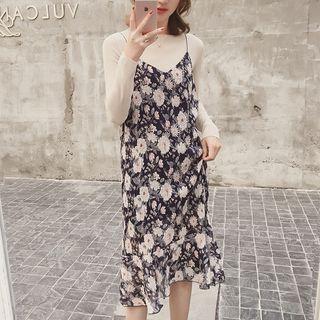 Set: Long-sleeve T-shirt + Floral Print Strappy Dress