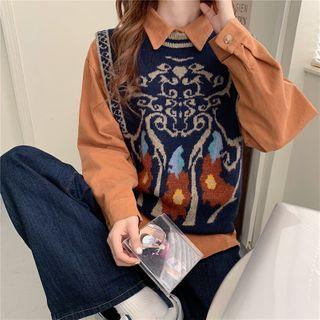 Long-sleeve Plain Shirt / Pattern Sweater Vest