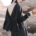 Open-back Long-sleeve Blouse Black - One Size