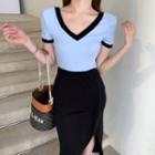 Short-sleeve T-shirt / Slit Midi Pencil Skirt