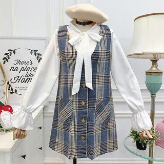 Set: Tie-neckline Top + Sleeveless Wool Dress