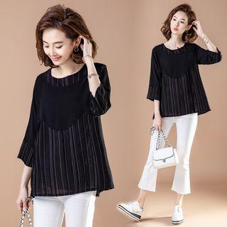 3/4-sleeve Striped Paneled Chiffon Top