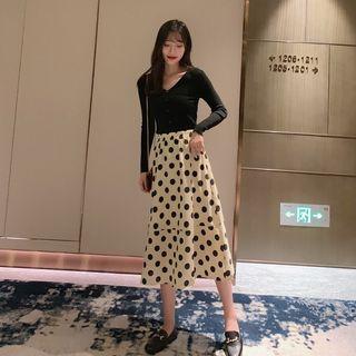 Set: Plain V-neck Long-sleeve Knit Top + Dotted Midi A-line Skirt