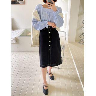 Button-front Stitched Midi Skirt