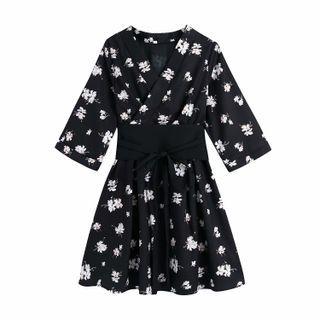 Wrap Flared Sleeve Floral Chiffon Dress