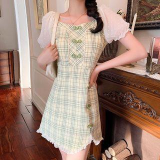 Short-sleeve Plaid Frill Trim Mini Sheath Dress