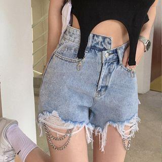 Asymmetrical Distressed Chained Denim Shorts