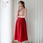 Modern Hanbok Burgundy Long Skirt 2 Pieces Set White - M