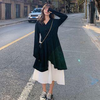 Set: Long-sleeve Midi A-line Dress + Spaghetti Strap Dress