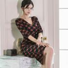 Elbow-sleeve Houndstooth Midi Sheath Dress