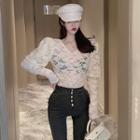 Puff Sleeve V-neck Lace Mock Two Piece Top