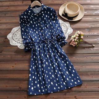 Long-sleeve Rabbit Print A-line Collared Dress