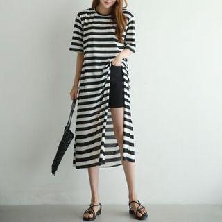 Neon Deep-slit Stripe Long T-shirt Dress