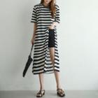 Neon Deep-slit Stripe Long T-shirt Dress