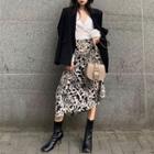 Long-sleeve V-neck Blouse / Double-breasted Blazer / Print Midi A-line Skirt