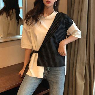 Pinstriped Panel Elbow-sleeve T-shirt