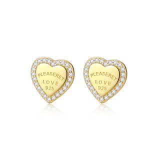 Sterling Silver Plated Gold Simple Romantic Heart-shaped Stud Earrings With Cubic Zirconia Golden - One Size