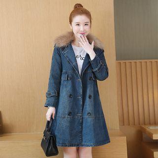Furry Trim Double-breasted Denim Coat