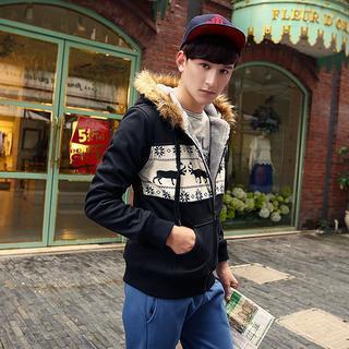 Nordic Print Faux Fur Trim Hoodie