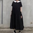 Pocket Short-sleeve Sailor Collar Maxi Dress Black - One Size