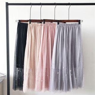 Beaded A-line Mesh Skirt