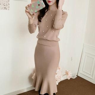 Set: Faux-pearl Beaded Sweater + Midi Mermaid Skirt