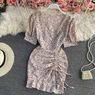 V Neck Ruffle Floral Drawstring Dress