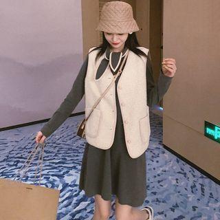 Long-sleeve Plain Mermaid Dress / V-neck Double-pocket Fleece Vest